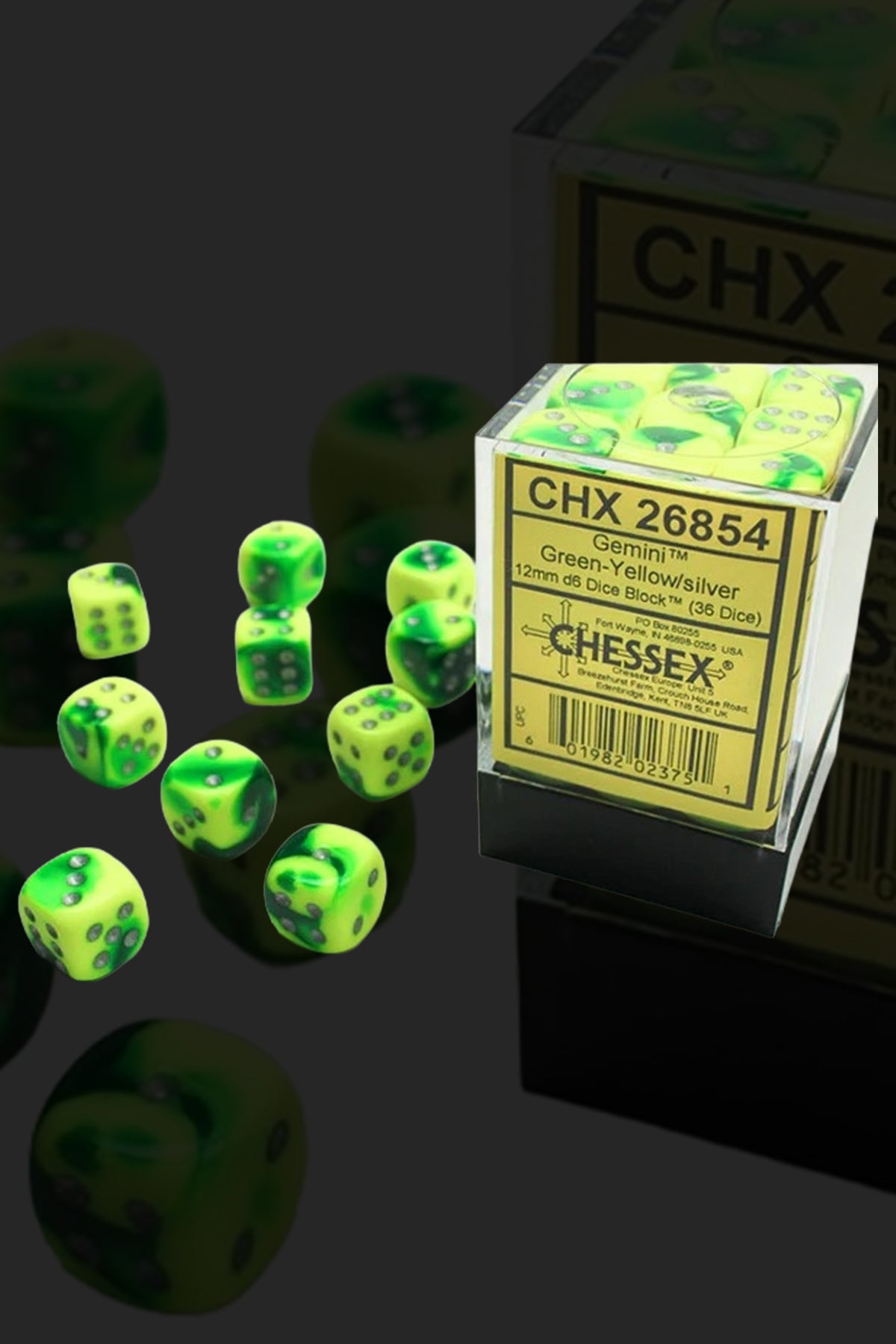 Buy 12mm 36d6 Gemini: Green-Yellow/Silver Dice From Kollect Korner at $10.99 1