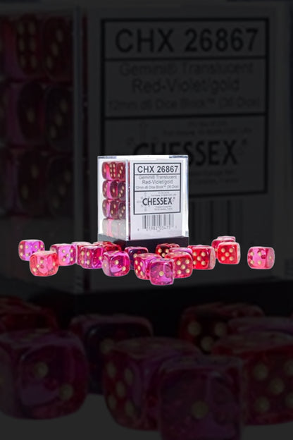 Buy 12mm 36d6 Gemini Translucent: Red-Violet/Gold Dice From Kollect Korner at $10.99 1