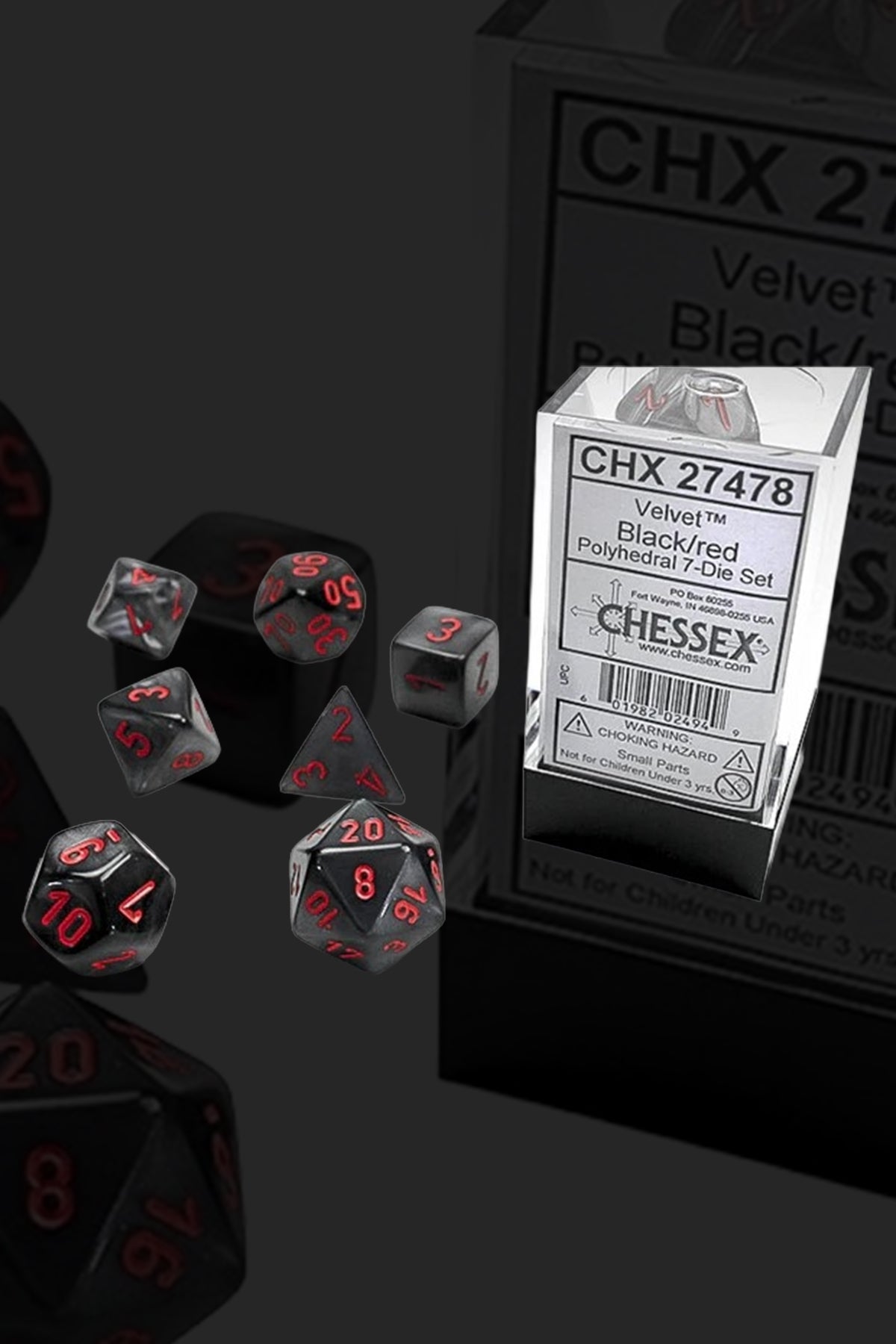 Buy Chessex 7-Die Set Velvet: Black/Red Dice From Kollect Korner at $9.99 1